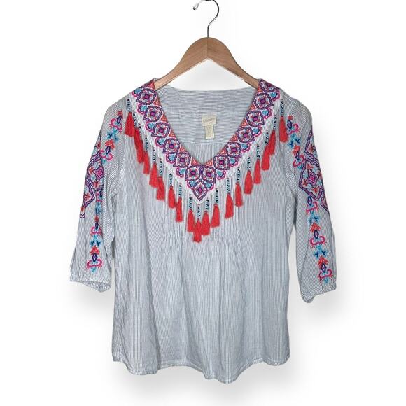 CHICO'S Boho Tassel Gauze Blouse Pinstripe Top Vibrant Relaxed Pleated Red Blue - Picture 7 of 12